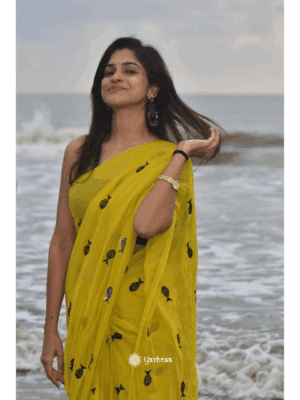 Sunny Yellow Mul Cotton Saree with Fish Motifs